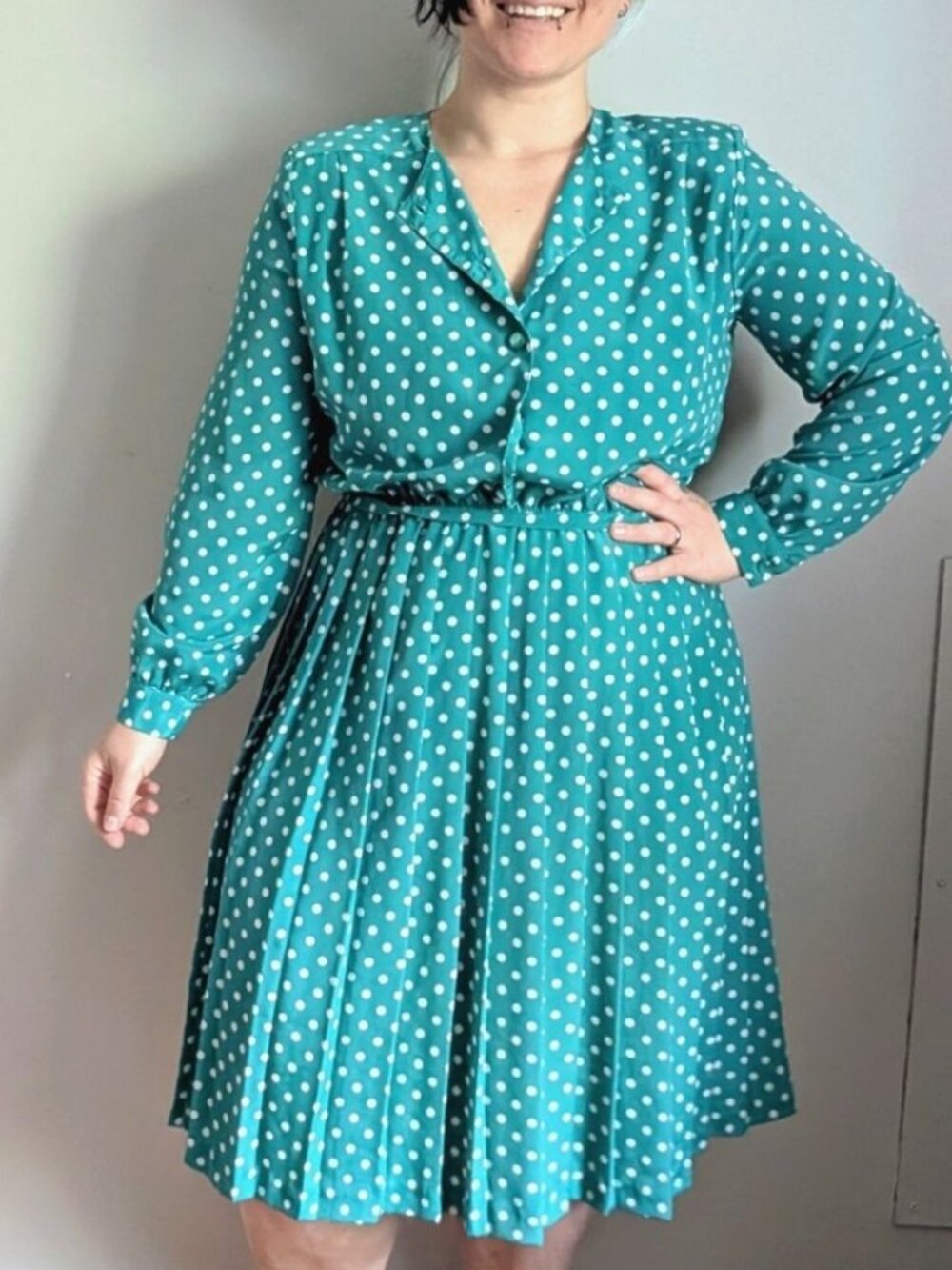 80s Vintage Serben Turquoise Polka Dot  Pleated Half Button Dress 14 Petite